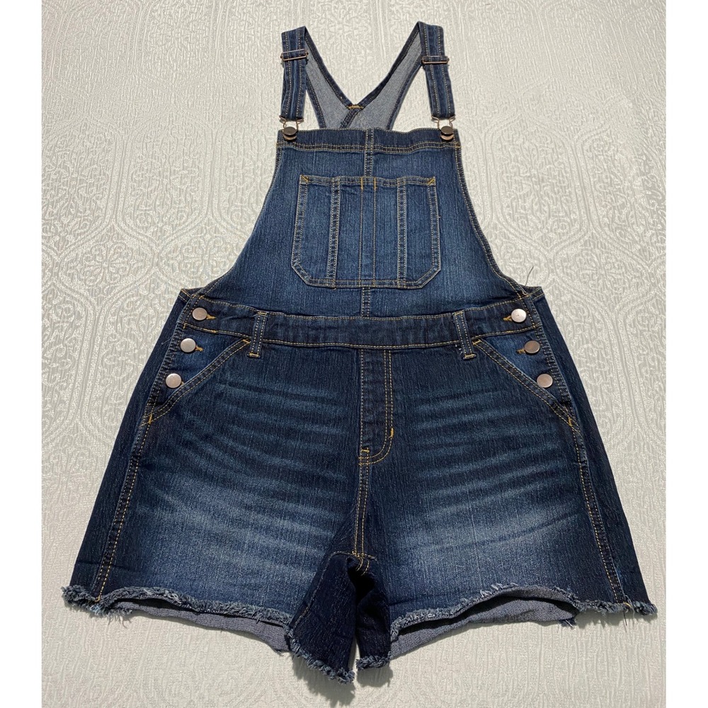 No Boundaries NoBo Womens Relaxed Fit Denim Shortalls Dark Wash Blue Sz L 11-13